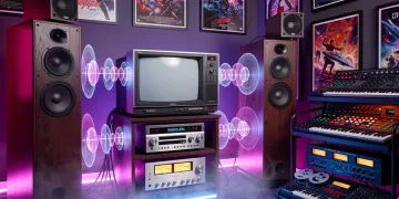 Vintage 5.1 home theater setup for 80s synth scores with neon lighting.