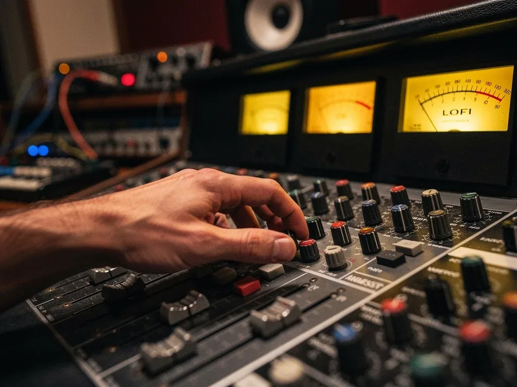 Sound engineer calibrating analog equalizer for optimal lo-fi synth sound.