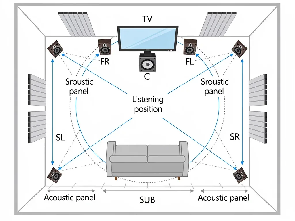Diagram of ideal 5.1 speaker placement for cinematic audio.