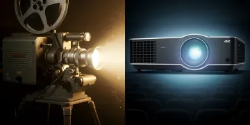 Vintage 35mm projector next to modern 4K digital projector, symbolizing film format comparison.