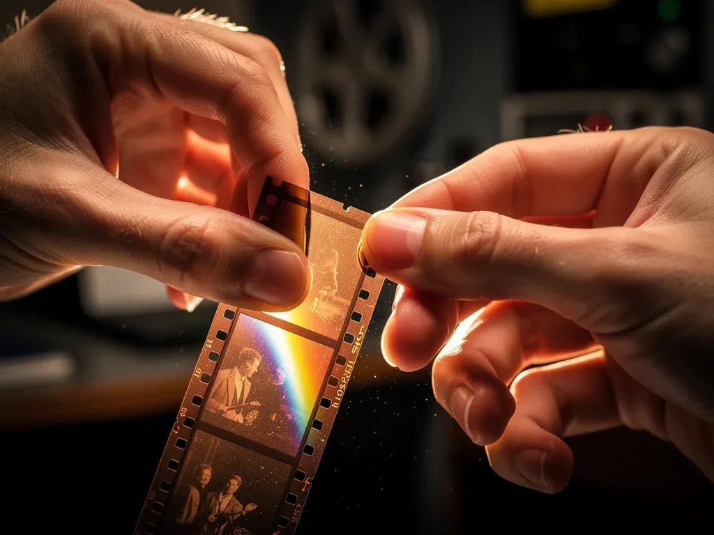 Film technician inspecting 35mm celluloid strip for preservation.