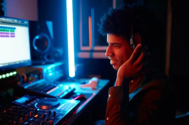 A sound engineer wearing headphones attentively adjusts levels on a professional mixing console in a soundproof studio, surrounded by monitors displaying audio waveforms and spectral analyzers. Captures the technical expertise and careful control required for effective sound mixing in the short film post-production workflow.