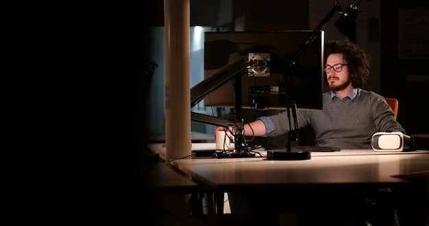 A filmmaker sitting at a desk, illuminated by the glow of multiple computer screens displaying various online film distribution platforms. Charts and data visualizations surround the screens, highlighting the analytical approach to choosing the right distribution channels to enhance short film distribution strategies within the US market.