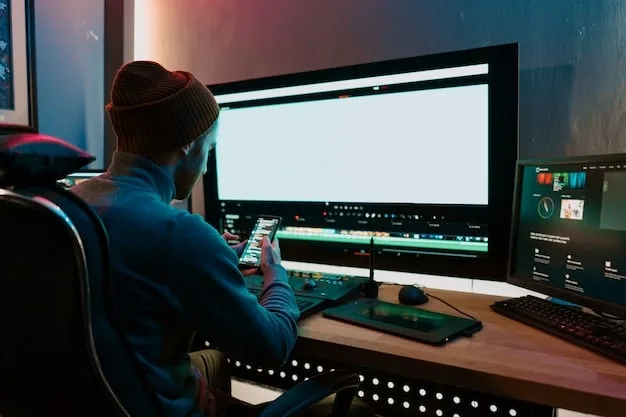 A filmmaker working on a computer, editing video footage with professional software. The screen displays a timeline with different video and audio tracks, showcasing the complexity of post-production editing.