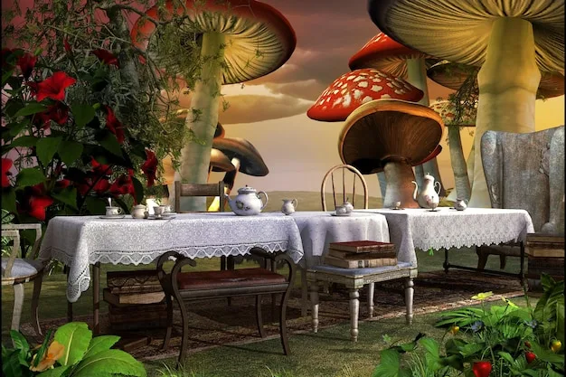 A detailed shot of the Royal Garden restaurant set in 'Playtime' (1967), focusing on the chaotic arrangement of tables, chairs, and decorations. The image should highlight the almost overwhelming abundance of details and the overall sense of playful disarray.