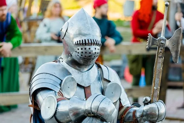 A medium shot of the Knights Who Say Ni demanding a shrubbery from Arthur and his knights. The Knights are dressed in bizarre, makeshift costumes and have menacing expressions. The scene is set in a dark forest, emphasizing the intimidating and ridiculous nature of the encounter, which is a prime example of the absurd humor in 'Cult Classic Comedy: Deconstructing the Humor of 'Monty Python and the Holy Grail' 50 Years Later'.