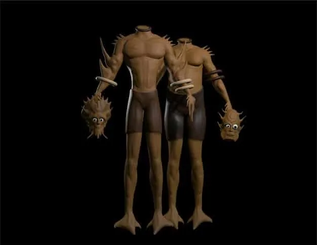 Detailed stop-motion puppet of a multi-limbed creature battling a hero, showcasing the intricate craftsmanship and dynamic pose work typical of classic practical effects.