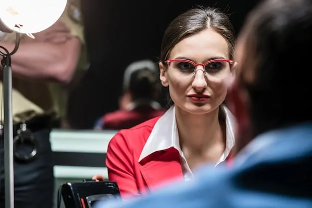 Close-up shot of a casting director intently watching an actor perform during an audition. The director is holding a script and pen, with a focused expression. The background is blurred, highlighting the intensity of the moment.
