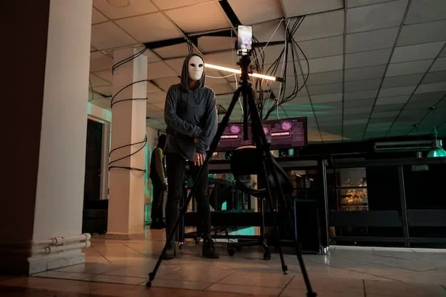 Director reviewing footage on set with the cinematographer, discussing camera angles and lighting. The atmosphere is serious and focused, reflecting the attention to detail required in filmmaking.