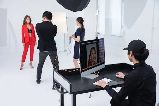 A behind-the-scenes shot of a virtual production set, showing actors performing in front of a large LED screen displaying a photorealistic environment.