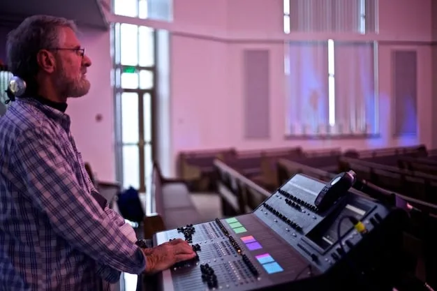 A film composer sitting at a large mixing console, surrounded by speakers and audio equipment, intensely focused on fine-tuning a film score.