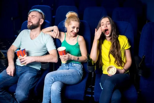 An excited group of people in a cinema watching a dubbed movie of a foreign film.