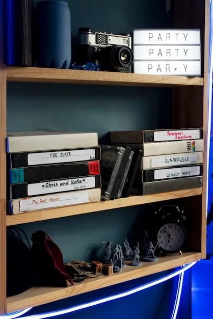 A close-up shot of a shelf filled with various merchandise items from cult classic films, including action figures, t-shirts, posters, and vinyl records, showcasing the diverse range of products available to fans.