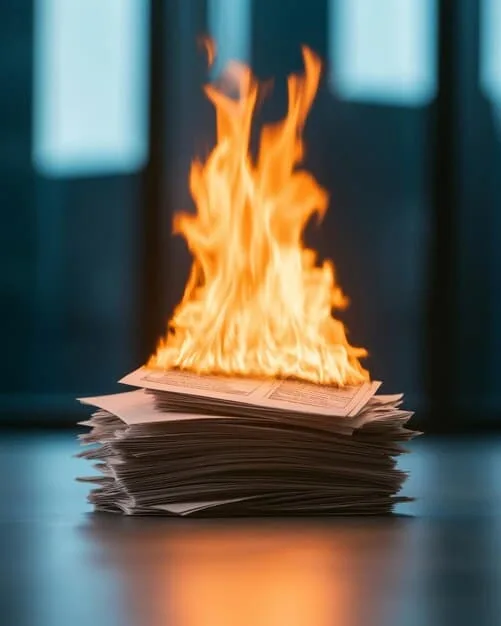 A photograph of a pile of burning credit cards, symbolizing the rejection of debt and consumerism. The background is blurred, but the fire is in sharp focus, suggesting the power of this rejection.