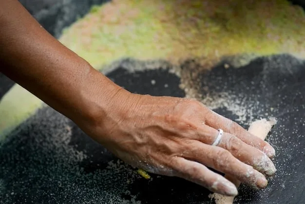 A close-up shot of a conservator's hands carefully cleaning dirt and grime off of an old painting, revealing vibrant colors and intricate details hidden beneath the surface. Tools and cleaning solutions are visible nearby.