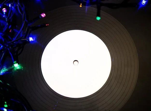 A vinyl record spinning on a turntable, with the light glinting off the grooves. The album cover visible is from a well-known cult classic film. The focus is on the tactile experience of listening to vinyl and the nostalgia it evokes.
