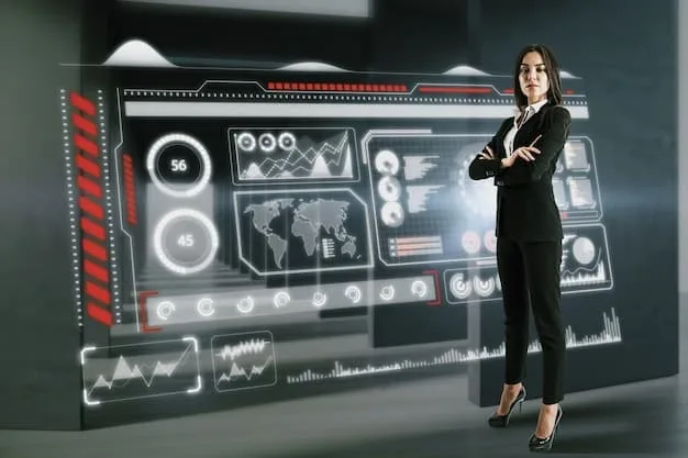 A futuristic film editing suite with multiple screens, one showing a branching narrative flowchart, another showing an AI assistant analyzing audience engagement data.