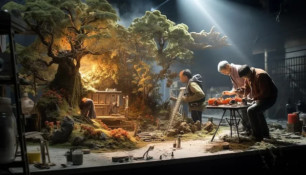 A film crew setting up cameras in a natural outdoor environment, with holographic sketches of mythical creatures and ancient ruins overlaid onto the scene through AR glasses worn by the director.
