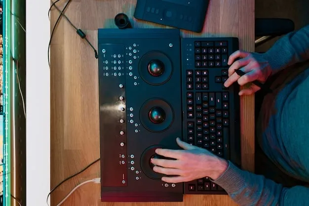 A close-up of a vintage analog synthesiser keyboard with illuminated buttons, suggesting unconventional music and sound effects creation in a dark, atmospheric setting.