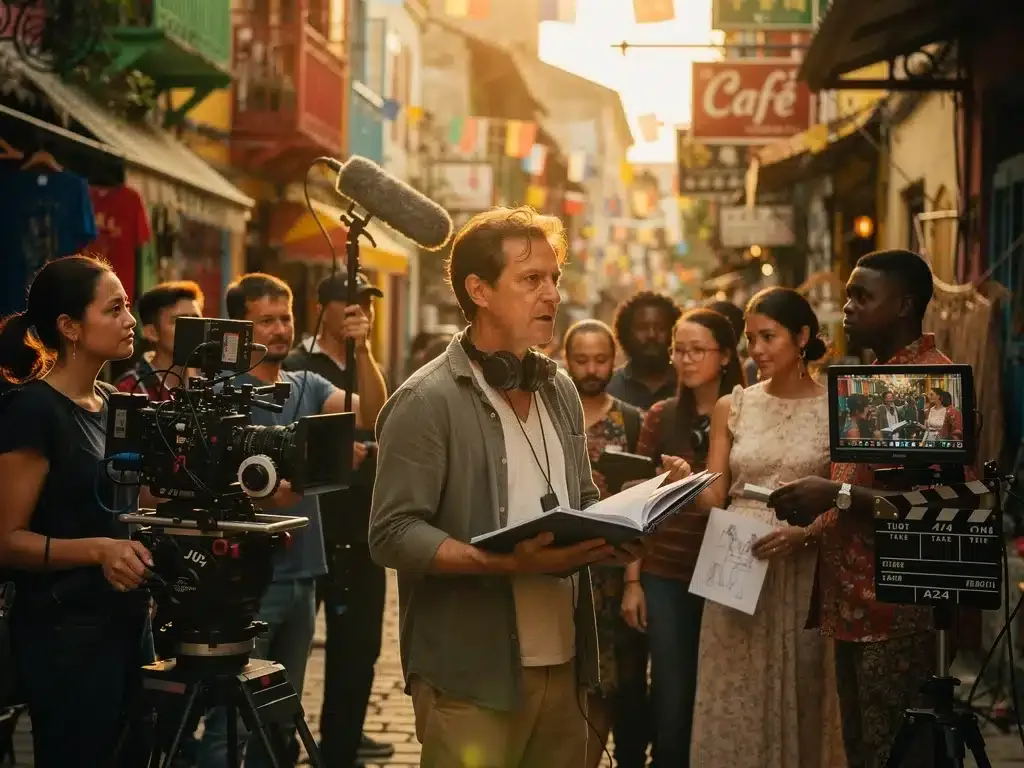 International film crew collaborating on set