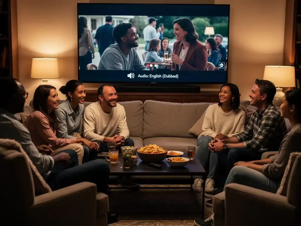Diverse US audience enjoying international films through AI dubbing.