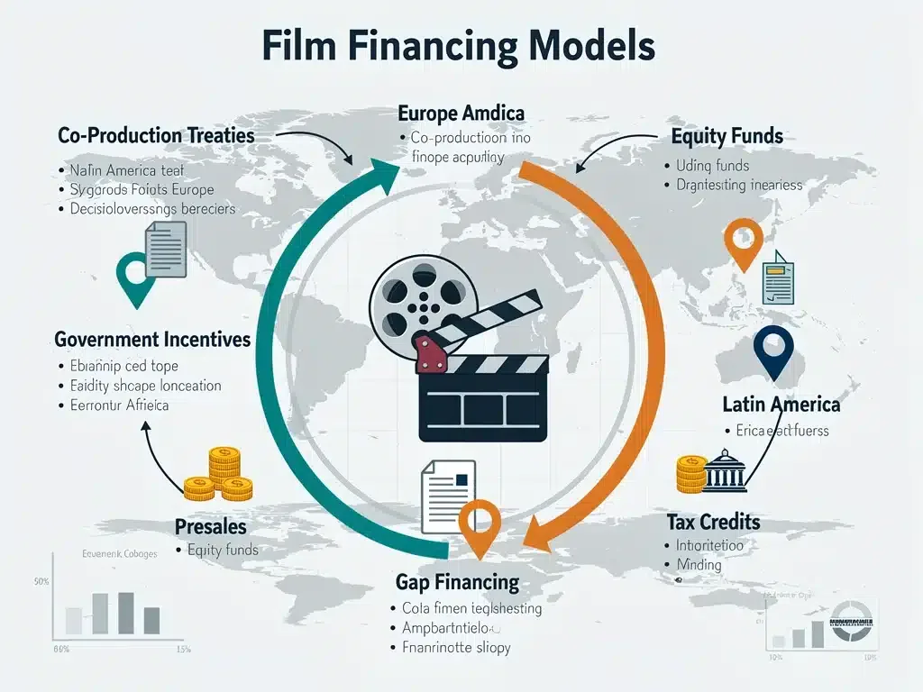 Infographic illustrating diverse international film financing models and global funding pathways.