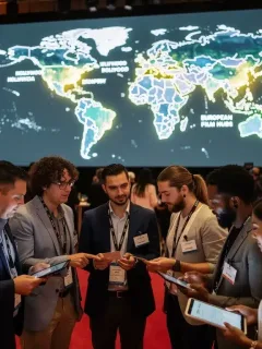 International filmmakers network at a festival, discussing global film financing opportunities for U.S. producers.