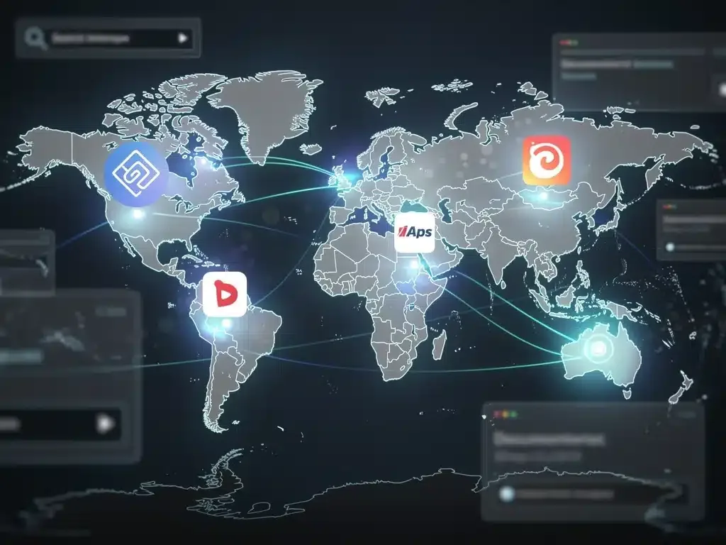 World map with streaming service logos connecting global content