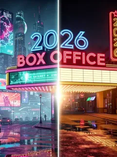 Futuristic marquee comparing 2026 international and domestic box office performance.