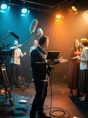 Filmmakers on set discussing production, representing the financial benefits of 2026 US tax incentives for independent short films.