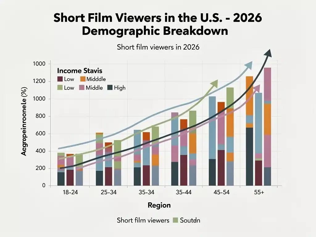 Demographic breakdown of 2026 US short film viewers by age and region.