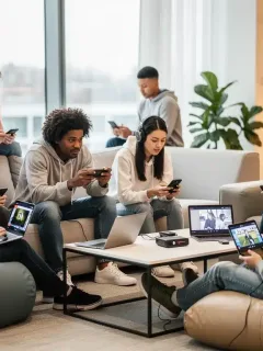Diverse US audience watching short films on digital devices.
