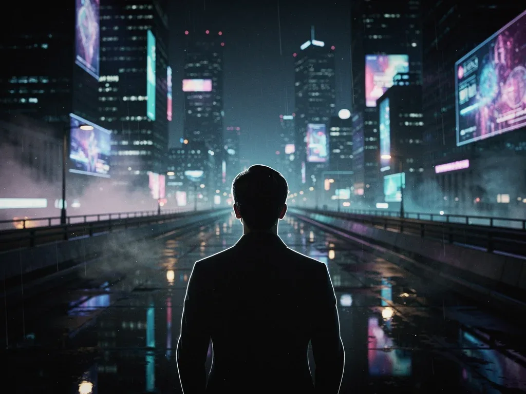 Still from a mysterious 2026 short film, lone figure in futuristic city.