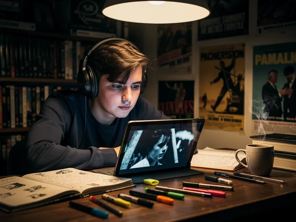 Viewer engrossed in appreciating an avant-garde short film on a tablet.