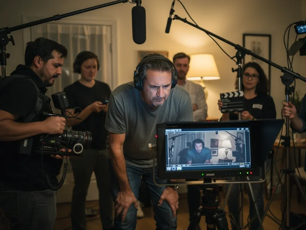 Independent film director reviewing a shot on set