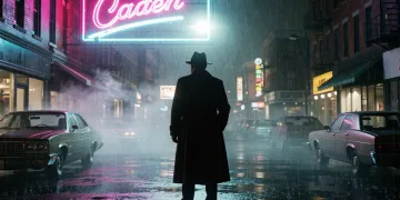 Stylized image depicting a shadowy figure in a fedora on a rain-slicked street, symbolizing 1970s neo-noir cinema.