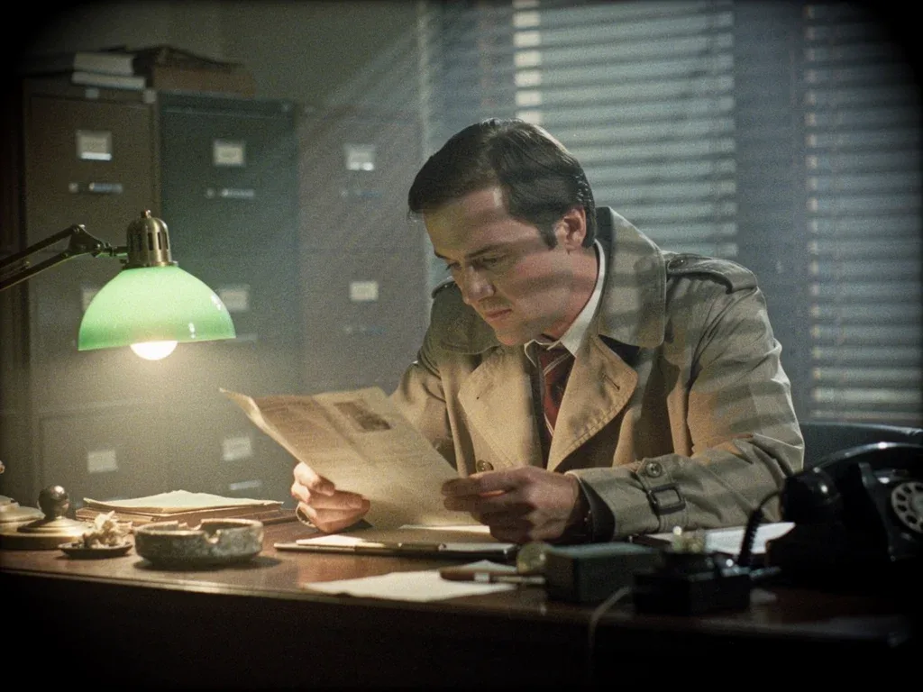 Still from a 1970s neo-noir film, a character examining a document with a tense expression, reflecting the genre's suspense.