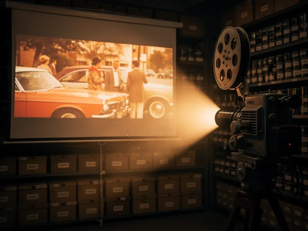 Vintage film projector illuminating a screen with a 1970s film, surrounded by archival boxes, symbolizing film preservation and access.