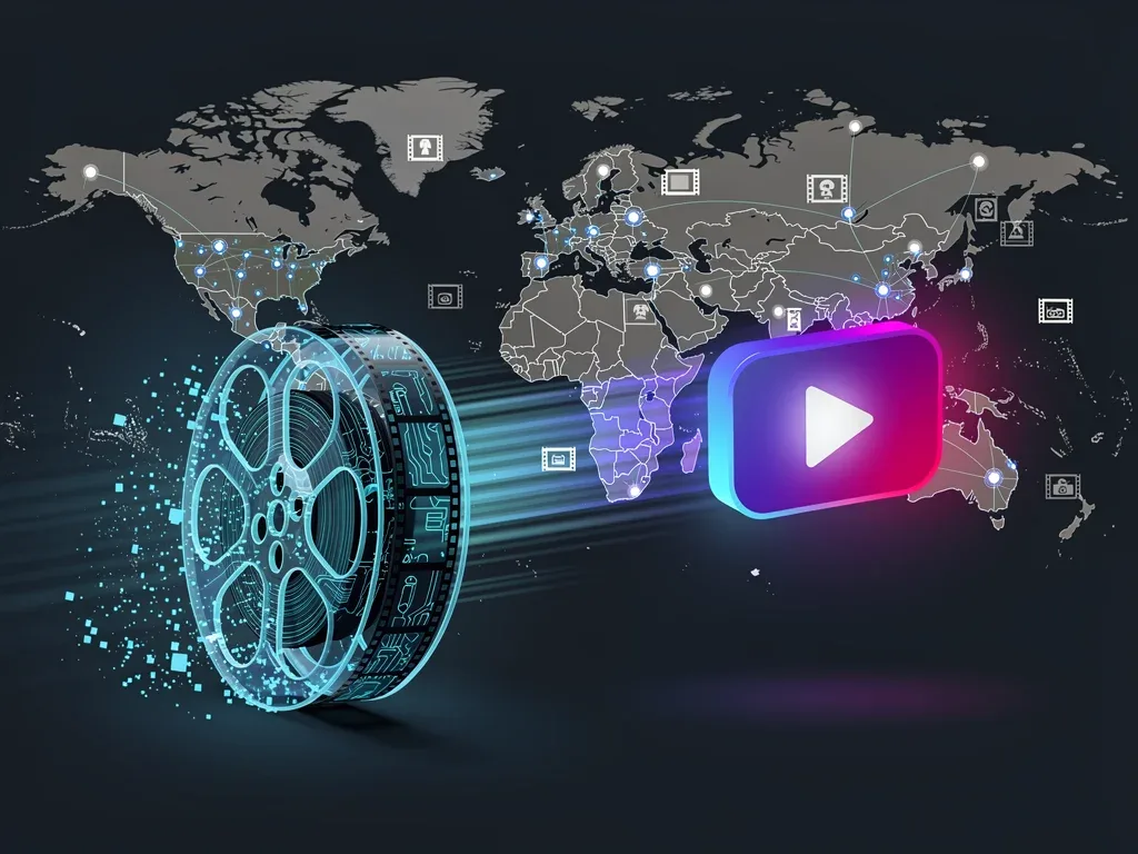Digital film reel transforming into a streaming icon, representing modern short film distribution.