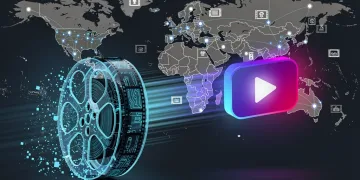 Digital film reel transforming into a streaming icon, representing modern short film distribution.