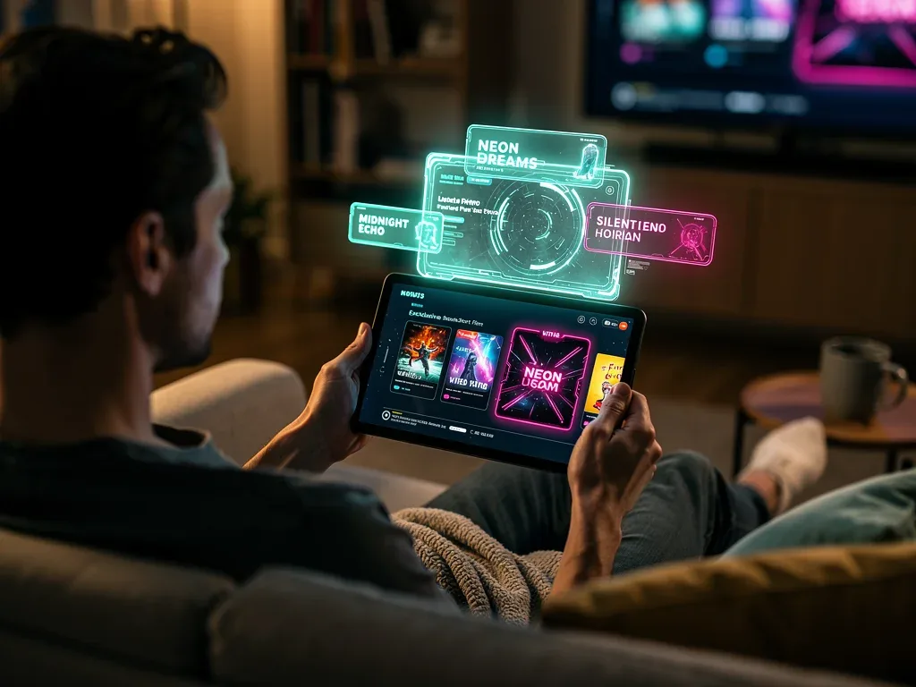 Audience accessing exclusive short films on a tablet via a futuristic interface.