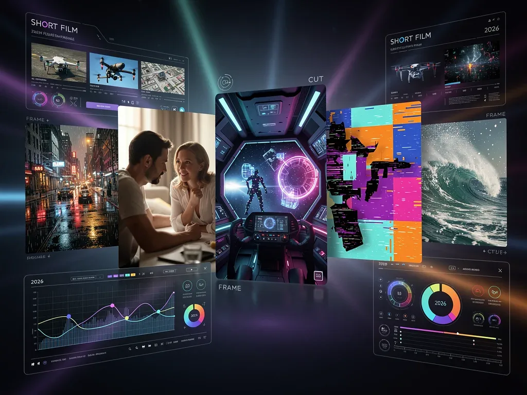Futuristic cinematic innovation collage showcasing diverse short film aesthetics from Q1 2026.