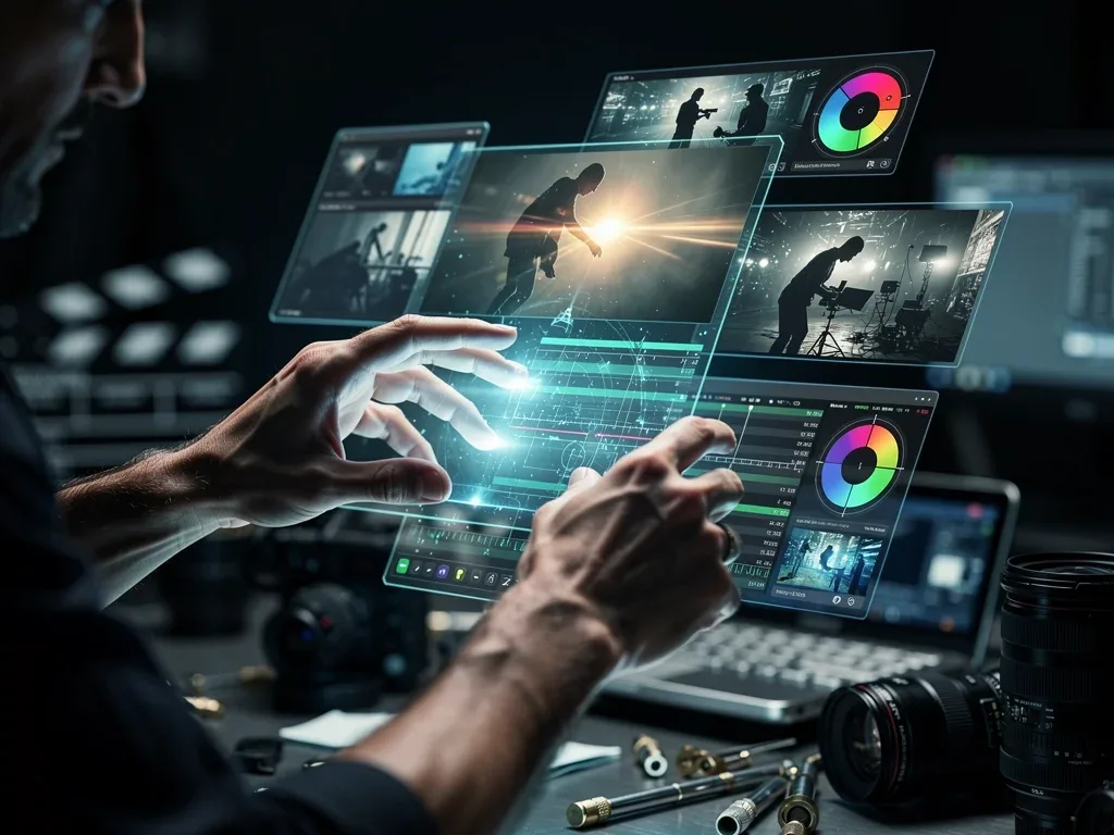 Director interacting with holographic film editing interface, representing innovative storytelling.