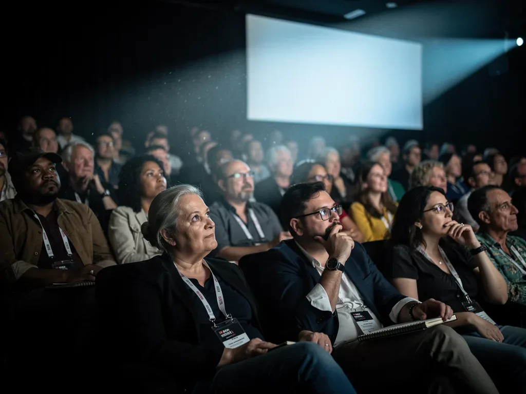Audience captivated by innovative short film screening, showcasing engaged viewers.