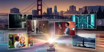 Dynamic montage of short films, futuristic elements, American landscapes