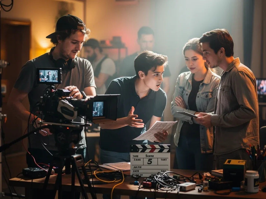 Diverse filmmakers collaborating on an independent short film set