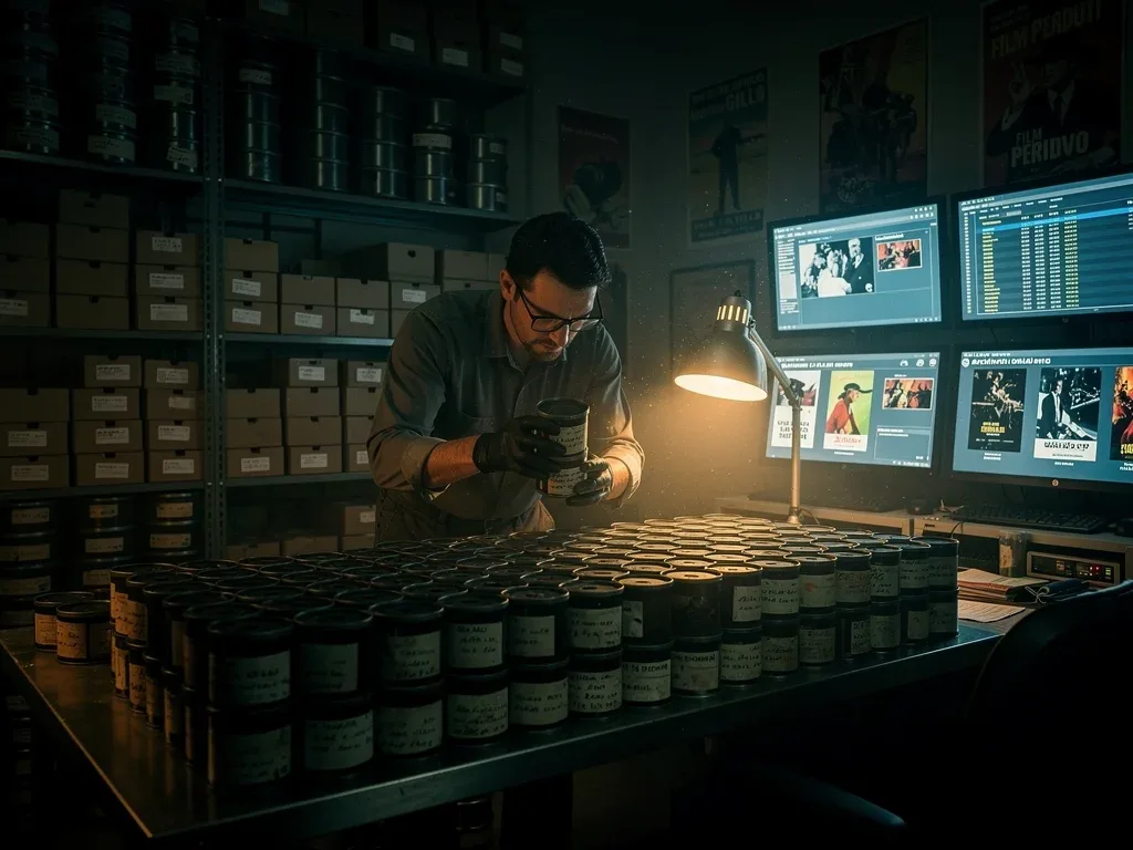Researcher sifting through digital film archives for Giallo films