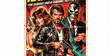 Vintage grindhouse movie poster with bold typography and dramatic imagery