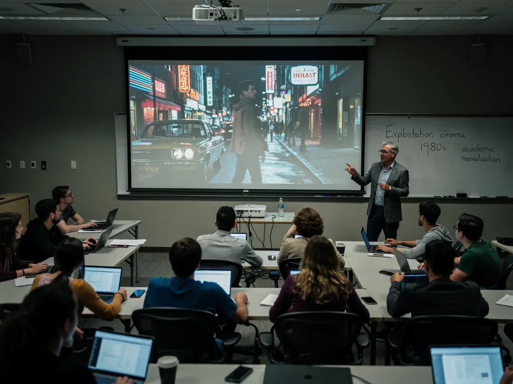 Film students examining the history and preservation of 1982 cult cinema.