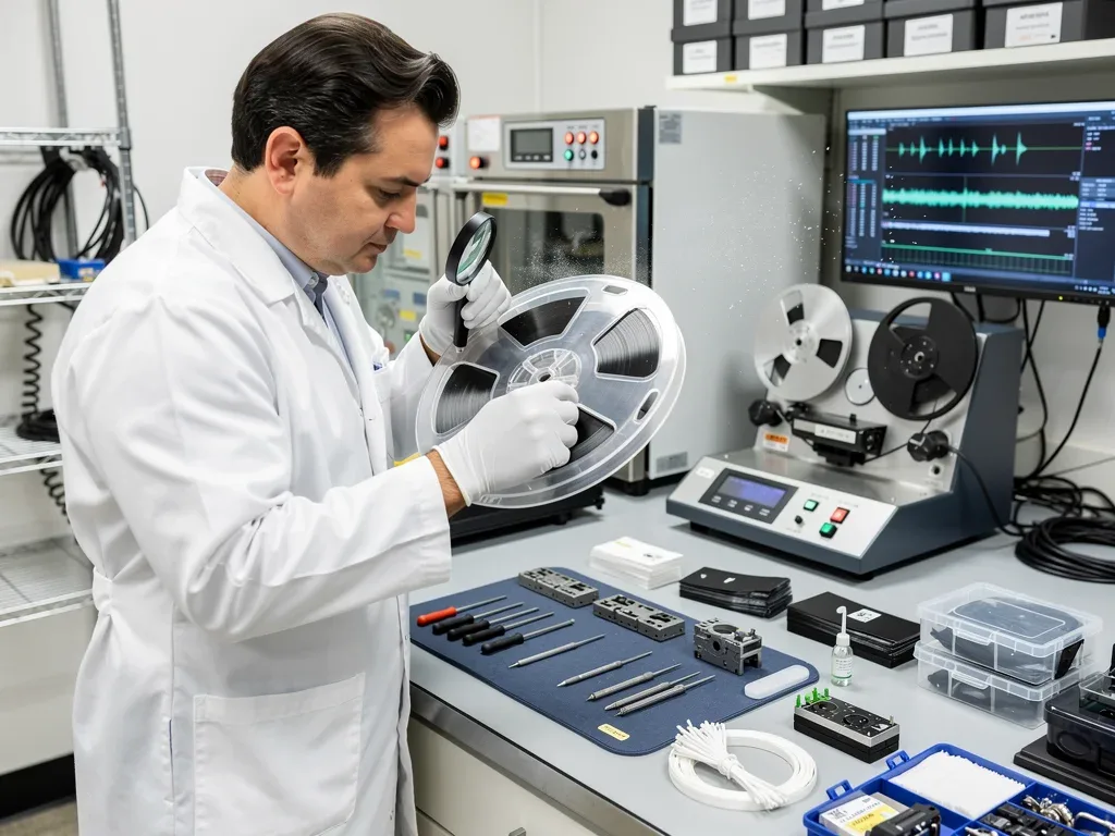 Archivist inspecting magnetic tape before preservation transfer